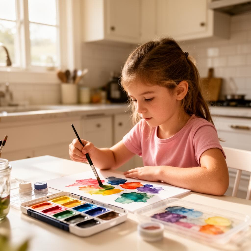 A child absorbed in a painting project at home