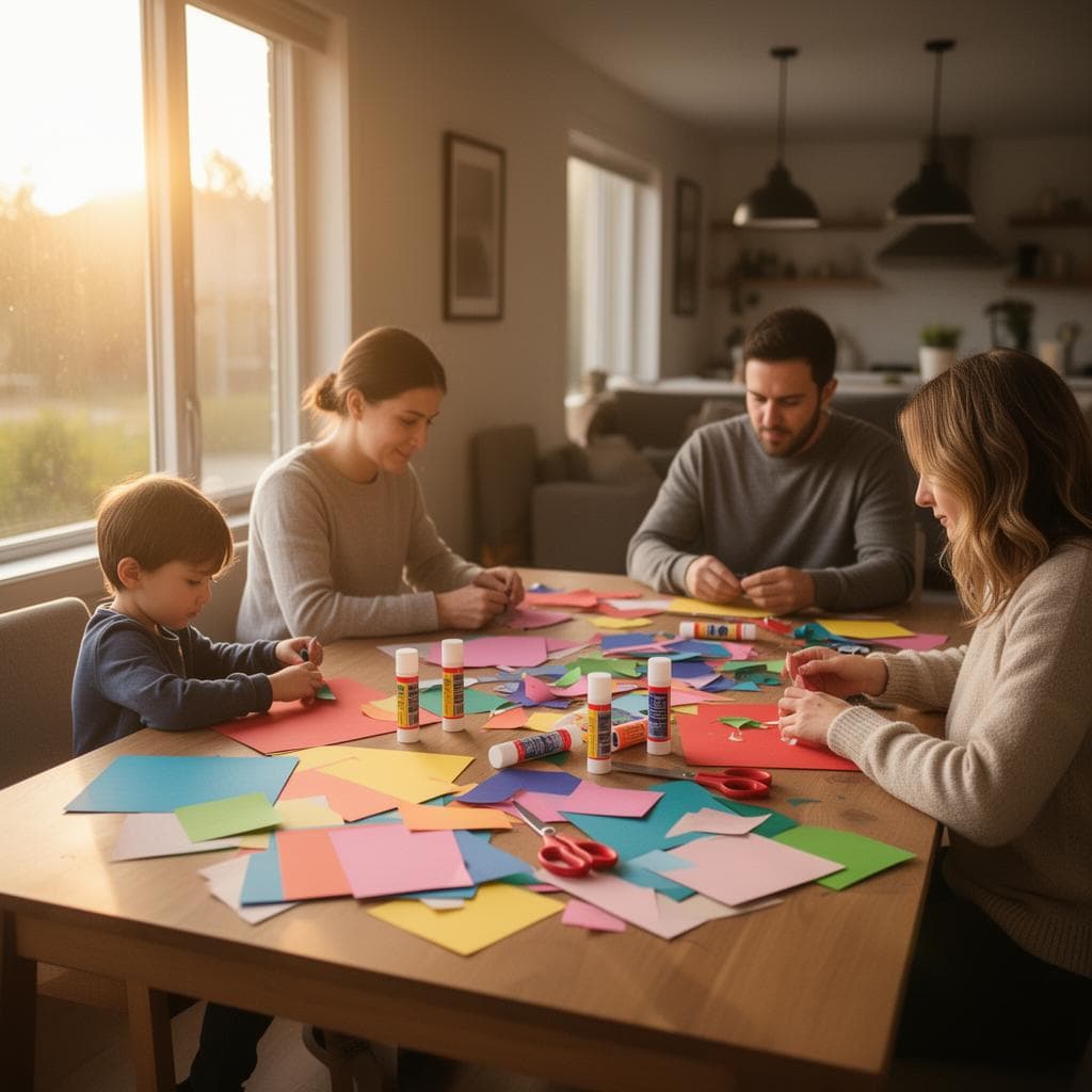 A family working on creative projects together at home, filled with warm natural light