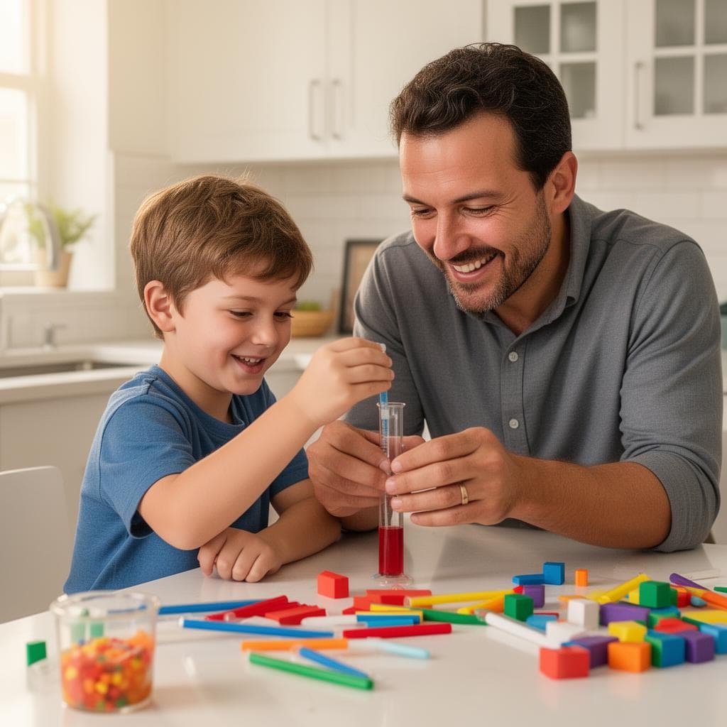 A father and son exploring a science experiment together at the kitchen counter