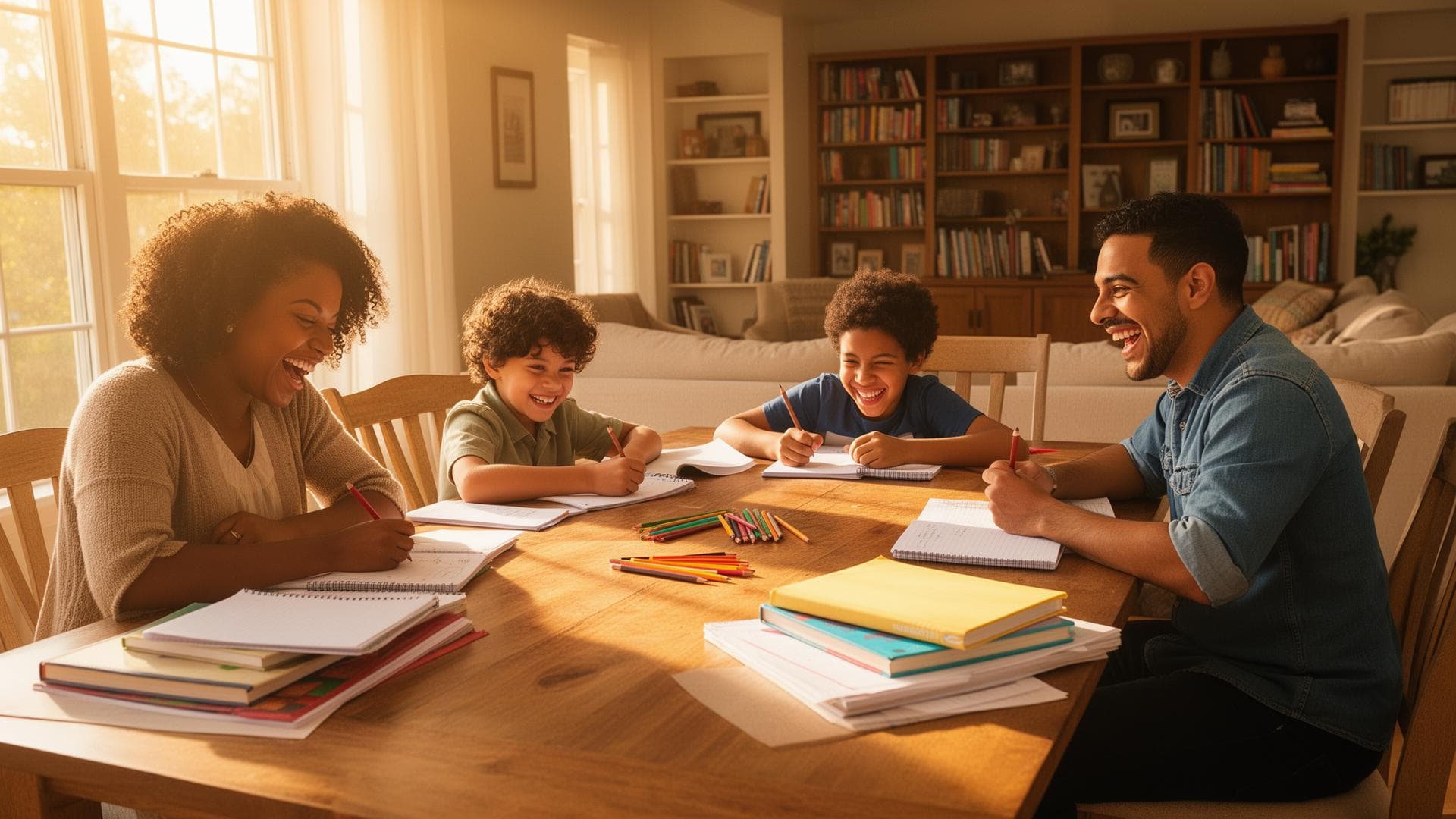A family of four learning together around a dining table in warm golden light