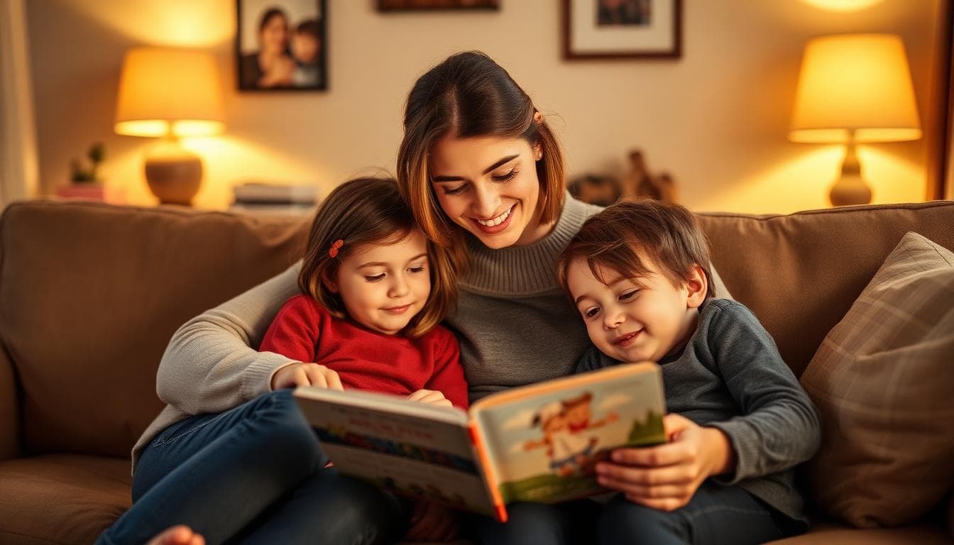 A mother reading a picture book with her two young children on a cozy living room couch, warmly lit
