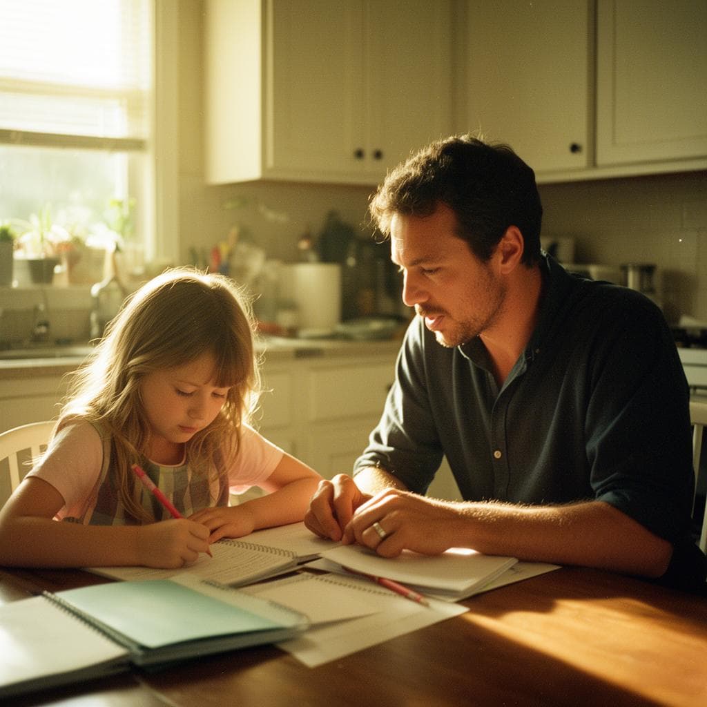 A father quietly helping his daughter with schoolwork at a kitchen table in warm morning light