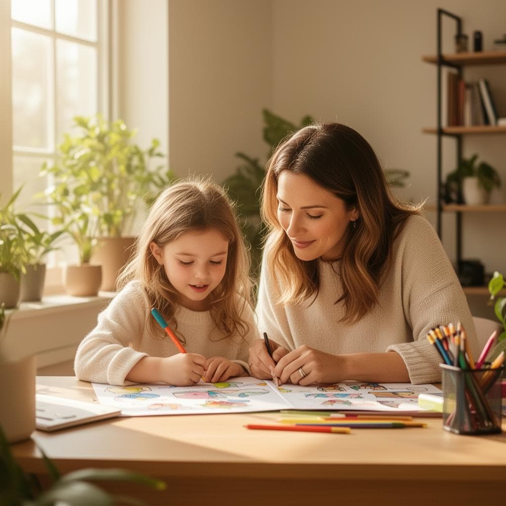 A mother and daughter drawing together at a sunlit kitchen table