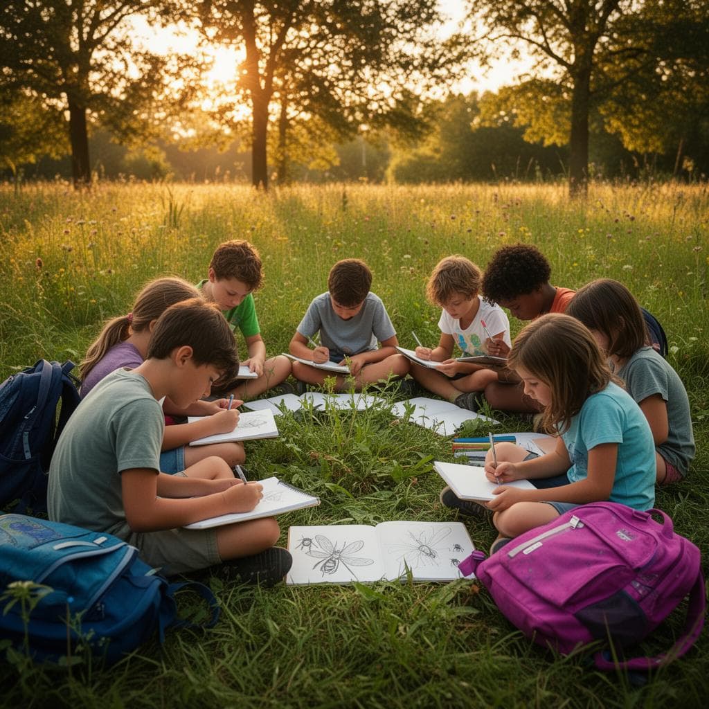 Two children nature journaling outdoors on a warm afternoon