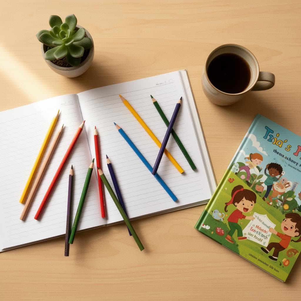 Overhead view of a home learning workspace with notebook, colored pencils, coffee, and a children's book